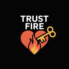 Trust fire logo design with fiery heart key and bold typography for security branding vector