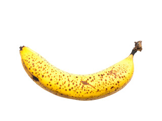 Yellow Single ripe banana with black dots Isolated on Transparent Background.	