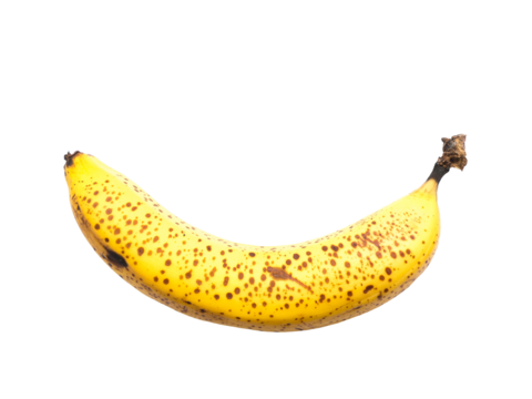 Yellow Single ripe banana with black dots Isolated on Transparent Background.	