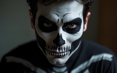 A man with skeleton face paint and costume, ideal for Halloween or cosplay scenes. High quality