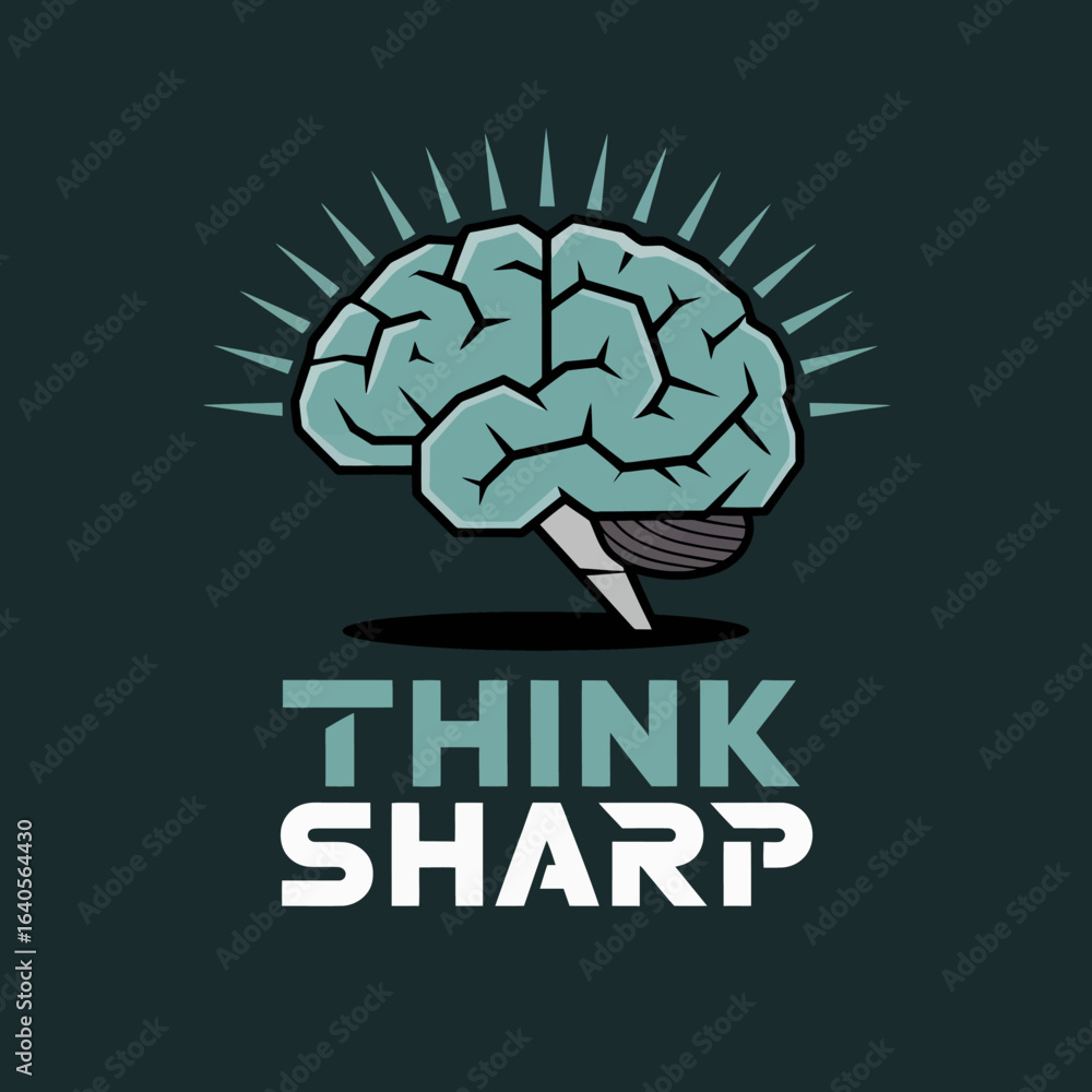 Poster stylized illustration of a teal brain with radiating lines symbolizing sharp thinking and intelligen