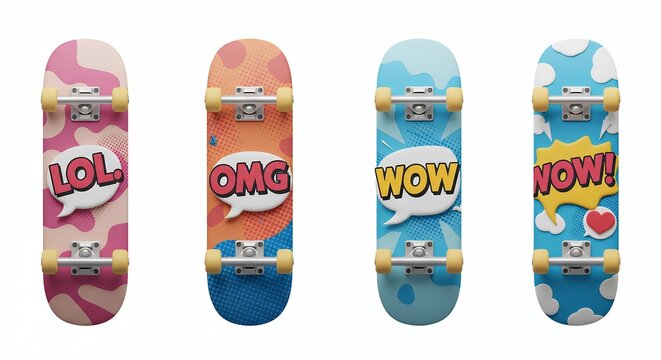 Colorful skateboards with speech bubbles