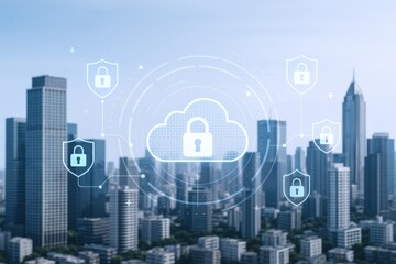 Cloud Security Over Cityscape: Digital Protection, Cyber Security and Data Encryption Concept in Urban Environment