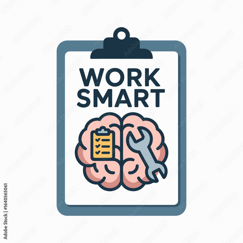 Poster Conceptual icon of a clipboard with 'work smart' text brain and tools symbolizing efficiency productivity and smart operations vector