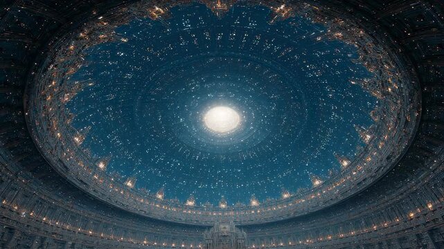 Ornate domed ceiling with intricate blue mosaic and central light. Architectural marvel in historic building. Celestial inspired design for grand hall or theater.