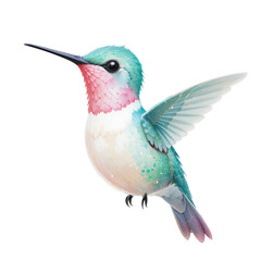 Flying small green hummingbird hovering with a red throated beak