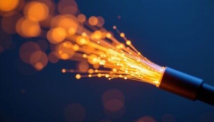 Create a close up image of the end of a fiber optic cable with glowing light effects on a dark blue background