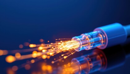 Create a close up image of the end of a fiber optic cable with glowing light effects on a dark blue background