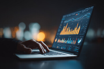Data analytics and graphs. Analysis of statistical business marketing data. Data scientist using laptop computer to analyze data
