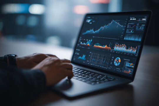 Data analytics and graphs. Analysis of statistical business marketing data. Data scientist using laptop computer to analyze data