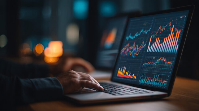 Data analytics and graphs. Analysis of statistical business marketing data. Data scientist using laptop computer to analyze data