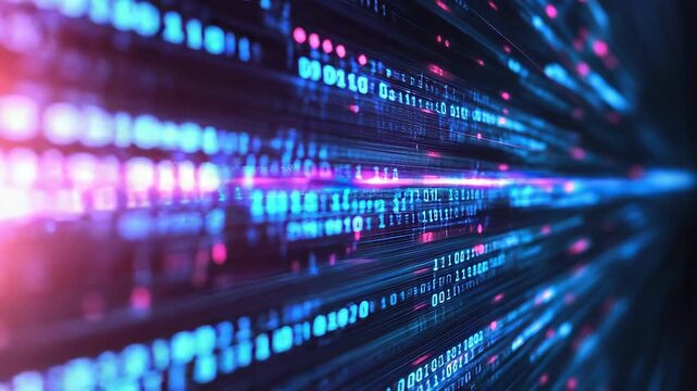 Binary code stream flowing through cyberspace with pink and blue lights
