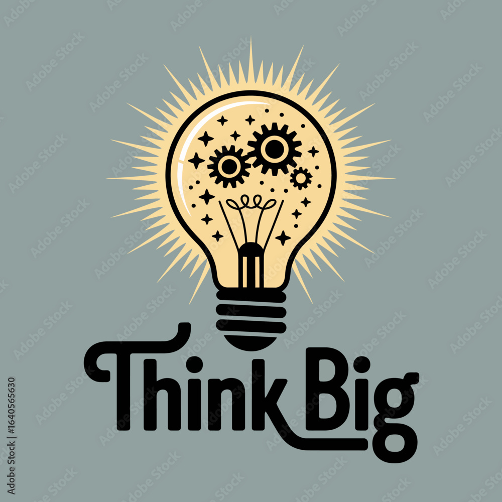 Poster bright idea lightbulb with gears and stars symbolizing innovation and big thinking with 'think big' 