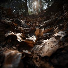 autumn leaves on the ground a dense forest floor seen from a very low angle