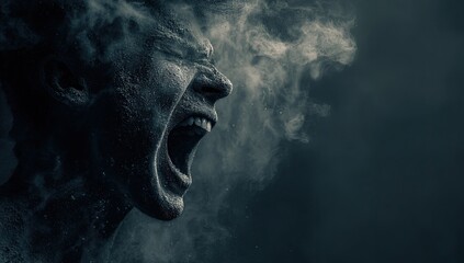 Screaming face, smoke, dark background, emotional distress, mental health