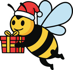 Obraz premium Cute Cartoon Christmas Bee Delivering Present Flat Vector Illustration