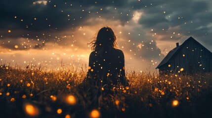 Silhouette of a woman sitting in a field of fireflies at dusk.