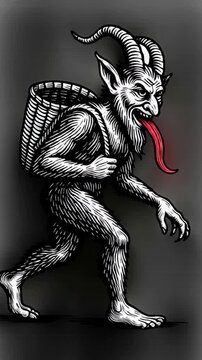 Krampus Monster Walking Vertical Video Animated Lineart Illustration 