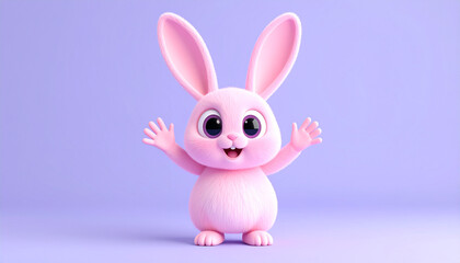 Fototapeta premium Adorable Pink Fantasy Creature with Long Ears and Big Eyes on Pastel Background