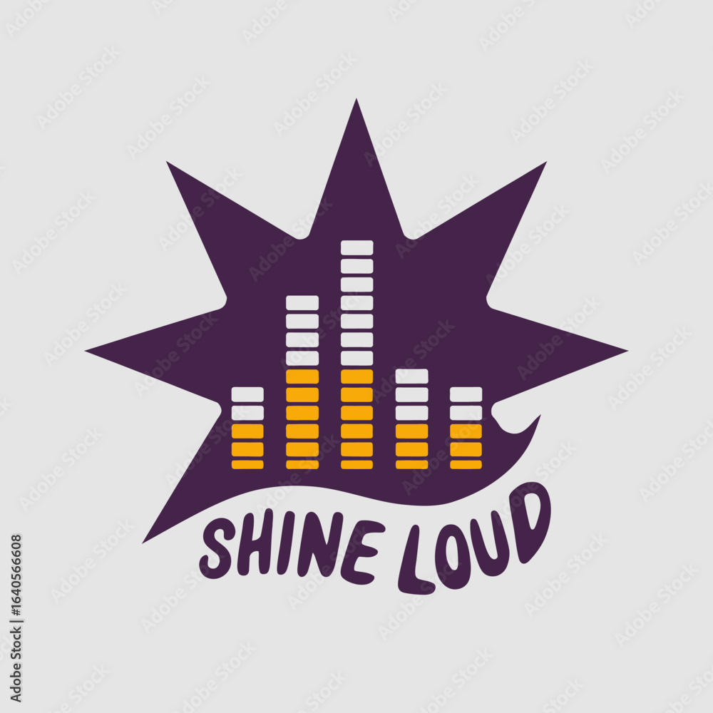 Poster dynamic starburst with audio equalizer and 'shine loud' text boldly expressing sound and energy vect