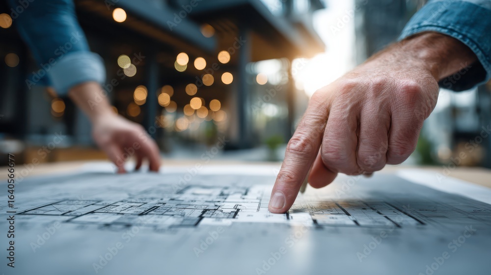 Poster a person points at architectural blueprints, highlighting details in a workspace filled with soft bo