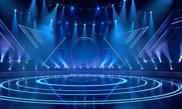 
A virtual background for an esports game show, featuring a circular stage with LED lights and geometric patterns in shades of blue.