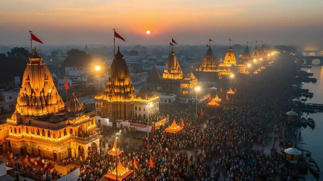 Maha Kumbh Mela: Majestic Sunrise Over a Massive Hindu Festival with Crowds by Illuminated Temples on a Sacred River