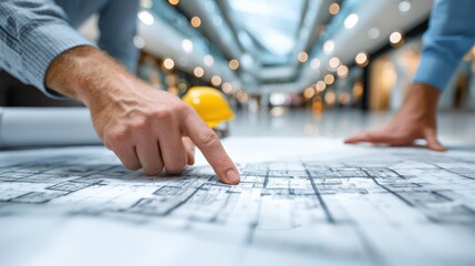 A close-up of hands examining architectural plans on a table in a well-lit environment, highlighting attention to detail in construction.