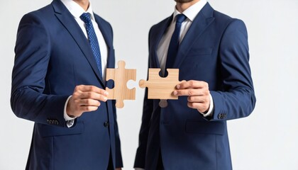 Businessmen connecting puzzle pieces, symbolizing partnership and strategic solutions