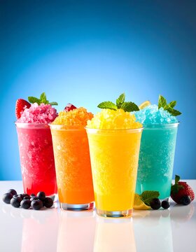 Four vibrant frozen fruit drinks in clear cups, garnished with mint and fruit, sit on a reflective surface against a blue backdrop