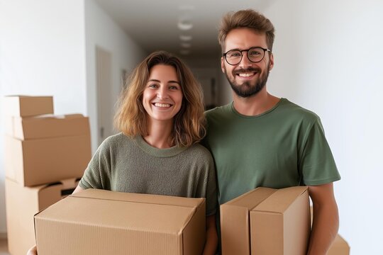 A cheerful couple is smiling while holding moving boxes in their new home showing joy and excitement for their fresh start