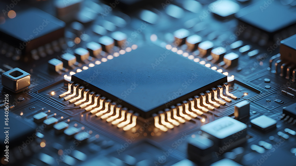Fototapete cybercore: captivating high-tech close-up of a futuristic circuit board's core, pulsing with innovat