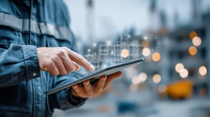 A construction worker uses a tablet to interact with a digital architectural design, blending technology with building processes.