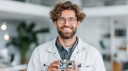 A smiling man in a lab coat holds a circuit board, showcasing innovation and technology in a modern workspace.