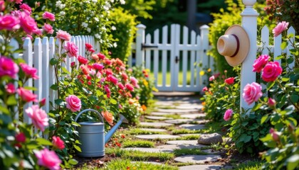 A garden pathway lined with blooming roses leading to a white picket gate, a watering can resting beside the path, and a wide brimmed straw hat hanging from the gate post