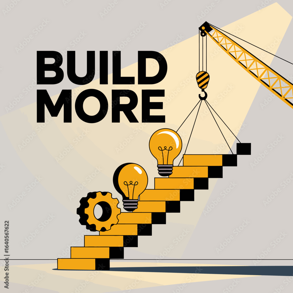 Poster modern flat design crane lifting stairs with lightbulbs and gear symbolizing growth progress and inn