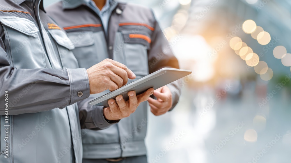 Poster two workers in gray uniforms use a tablet in a modern, illuminated environment, focusing on digital 
