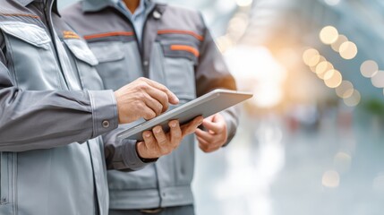 Two workers in gray uniforms use a tablet in a modern, illuminated environment, focusing on digital tasks.