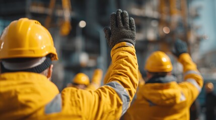 A group of construction workers in bright yellow jackets and helmets raises their hands, signaling or greeting on a busy construction site.