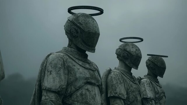 Eerie statues of faceless figures with halos in foggy atmosphere. Mysterious stone sculptures. Concept of faith, religion, and spirituality. Surreal art installation.