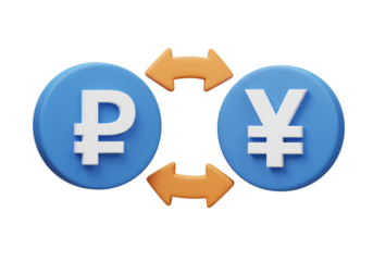 3D Illustration Currency Exchange Icon with Ruble and Yen on Blue Circles
