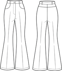 Fashion flat sketch of flared pants with front and back pockets, technical clothing drawing for apparel design templates, vector illustration