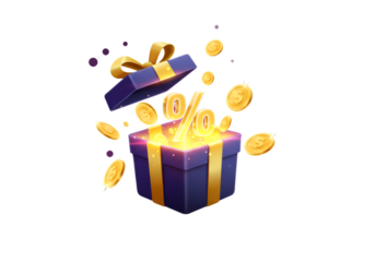 3D Illustration Gift Box with Percentage Symbol and Gold Coins on Black Background