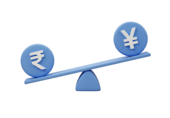 3D Illustration of Currency Balance with Blue Rupee and Yen on Seesaw
