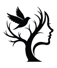 Woman Tree Silhouette with Flying Bird Artistic Design.