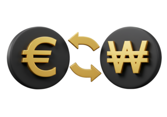 3D Illustration of Currency Exchange Euro and Won with Arrows on Black Background