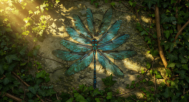 Stunning blue dragonfly perched on mossy stone amidst greenery - Powered by Adobe