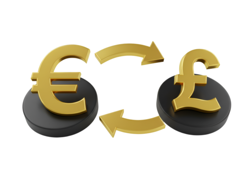 3D Illustration of Currency Exchange Euro and Pound with Golden Arrows on Black Round Objects
