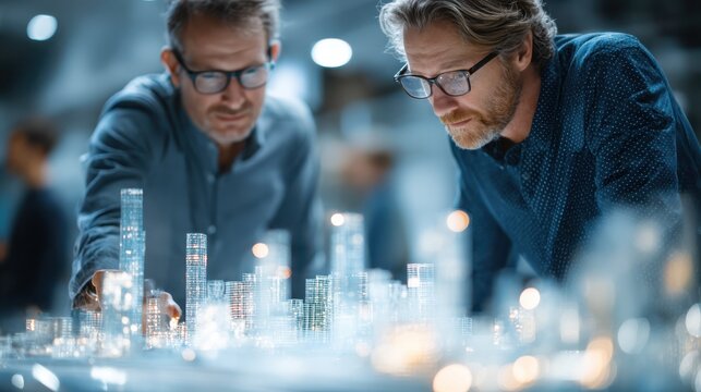 Two men examine a detailed architectural model, showcasing futuristic buildings and urban design elements in a collaborative setting.