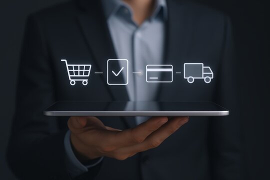 E-commerce Online Shopping Concept: Man Holds Tablet with Digital Order Process Visualization